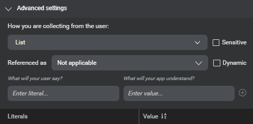 Panel nlu entities advanced settings