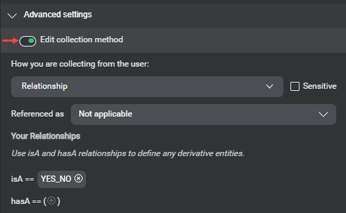 Panel nlu entities advanced settings yes no edit collection method