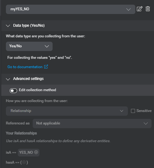 Panel nlu entities advanced settings yes no initial