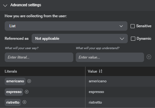 Panel nlu entities literals