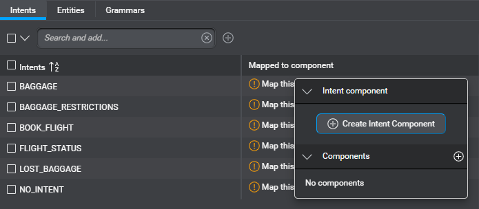 Panel nlu intents add intent component