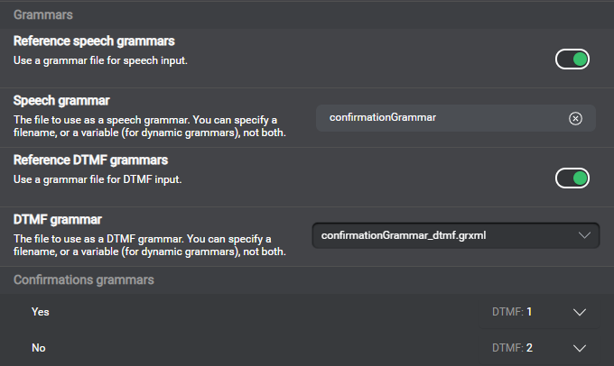 Panel settings confirmation grammars example