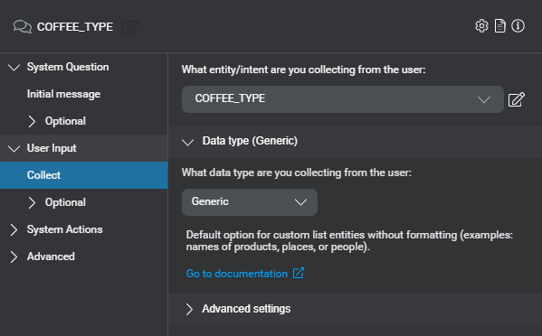 Prop question answer node user input collect coffee type