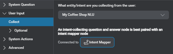 Prop question answer node user input connected to intent mapper button