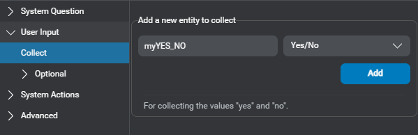 Prop question answer node user input data type for yes no entity on the fly